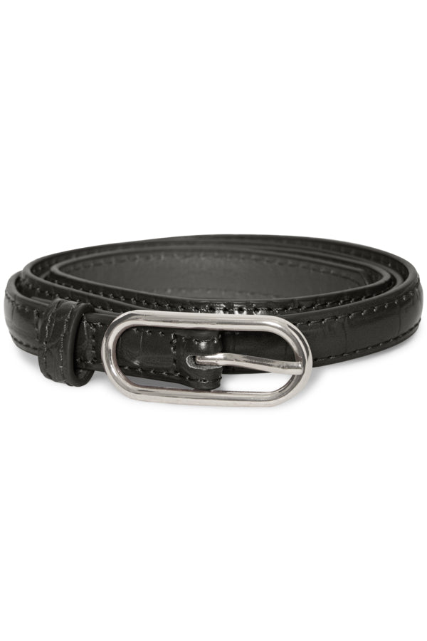Black leather belt with silver buckle on a white background