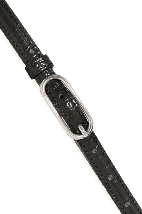 Black leather belt with silver buckle on a white background