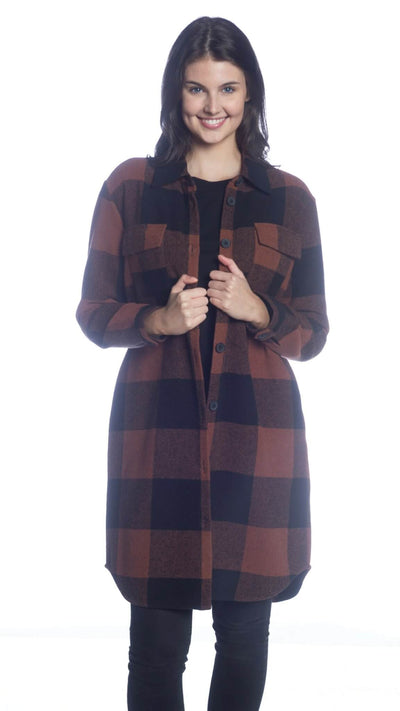 Buffalo Check Long Body Button-Up Shirt Jacket with Side Seam Pockets