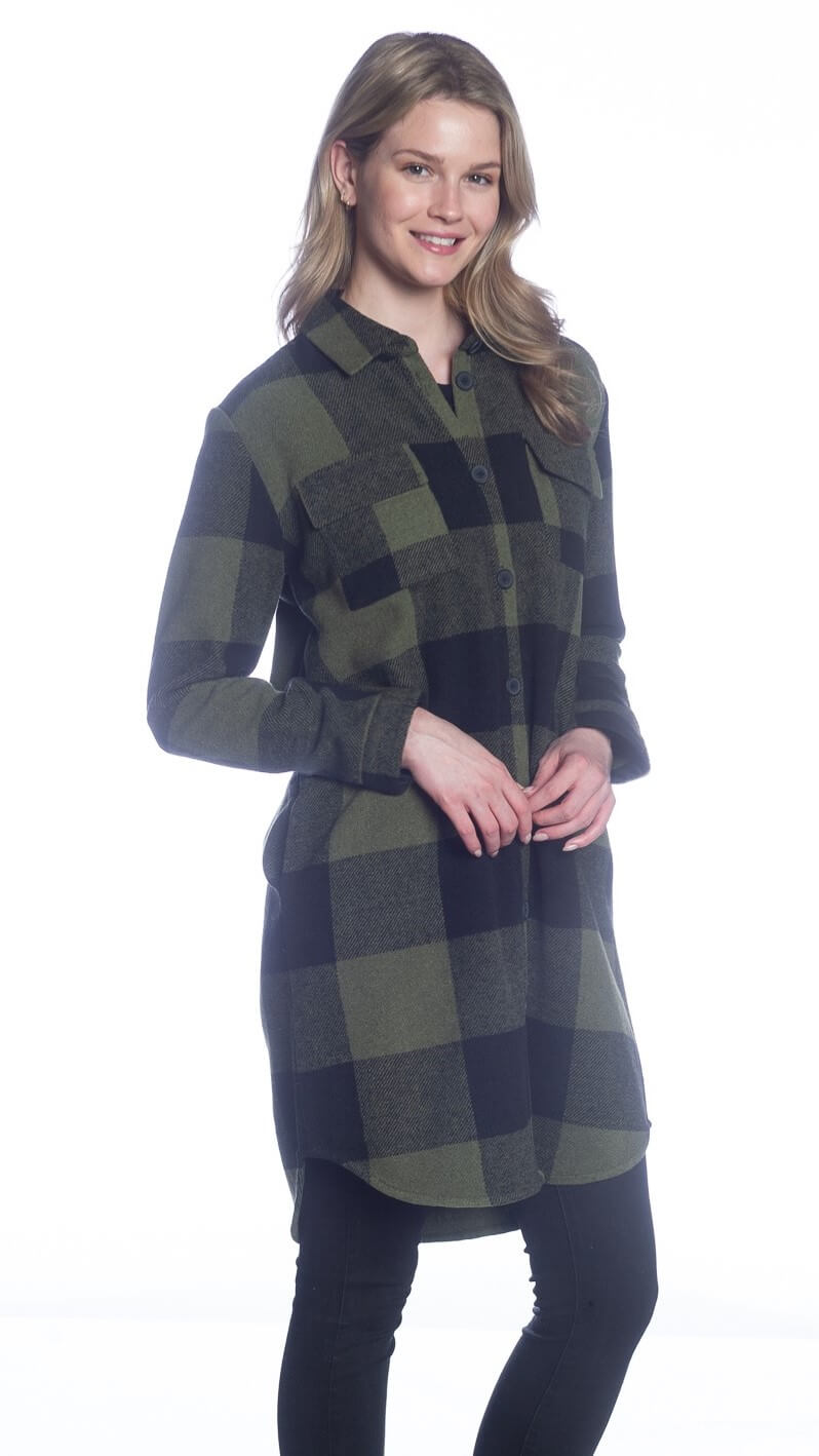 Buffalo Check Long Body Button-Up Shirt Jacket with Side Seam Pockets