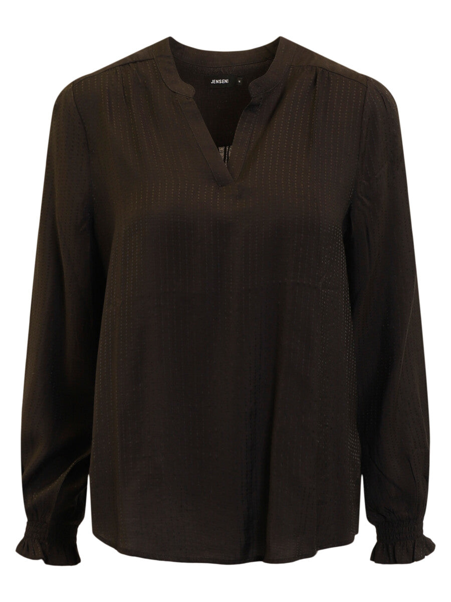 A dark brown long-sleeve blouse with a split V-neckline, subtle textured weave, and ruffled cuffs, shown against a plain white background.