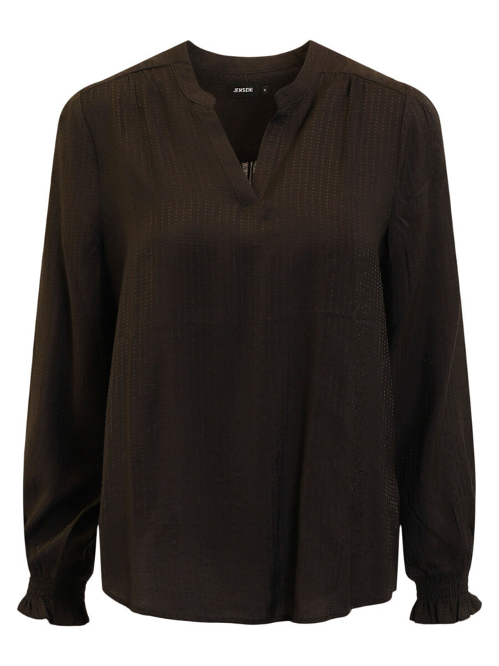 A dark brown long-sleeve blouse with a split V-neckline, subtle textured weave, and ruffled cuffs, shown against a plain white background.