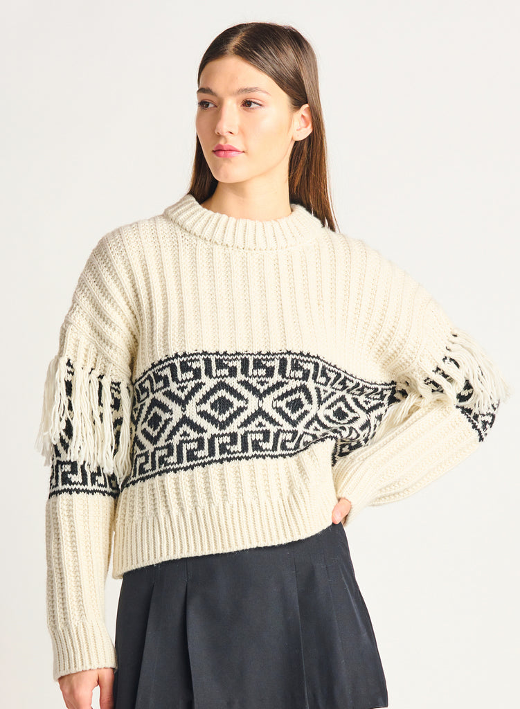 Fringe Detail Jacquard Sweater (Stone/ Black Jacquard Block