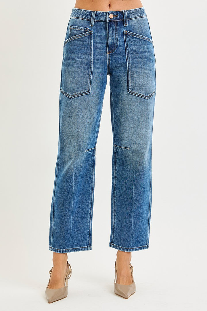 Plus Stretch Mid Rise Barrel Patch Pocket Jeans - Dark Wash