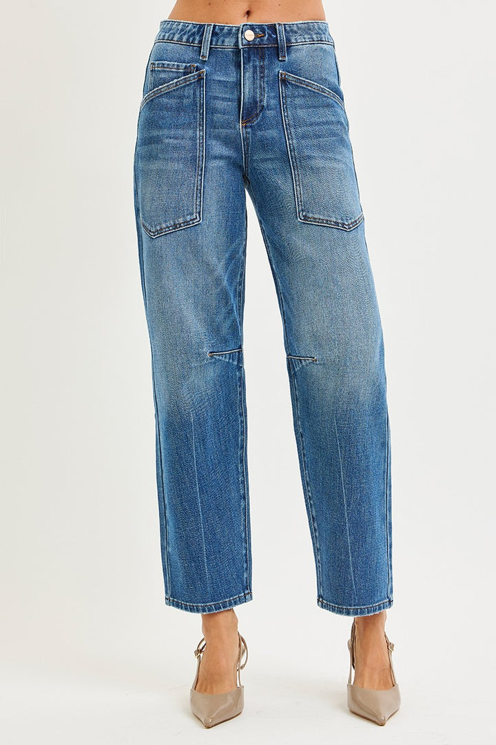Plus Stretch Mid Rise Barrel Patch Pocket Jeans - Dark Wash