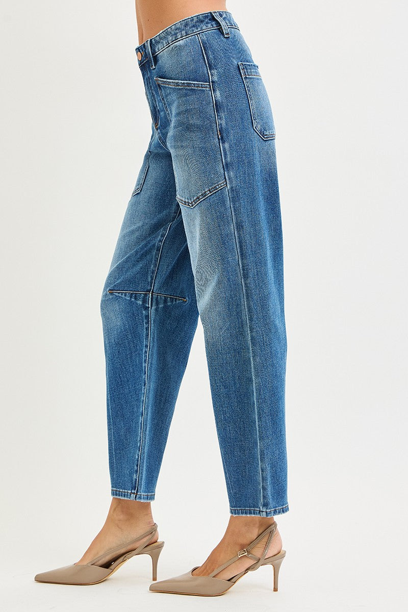Plus Stretch Mid Rise Barrel Patch Pocket Jeans - Dark Wash