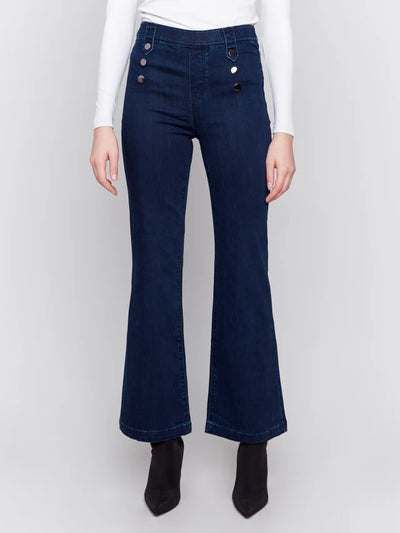 Pull On Flare Leg Jeans w/ Front Button Detail - Blue Black