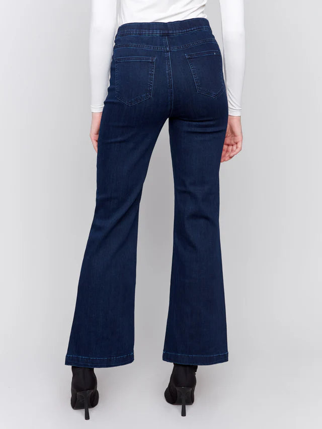 Pull On Flare Leg Jeans w/ Front Button Detail - Blue Black