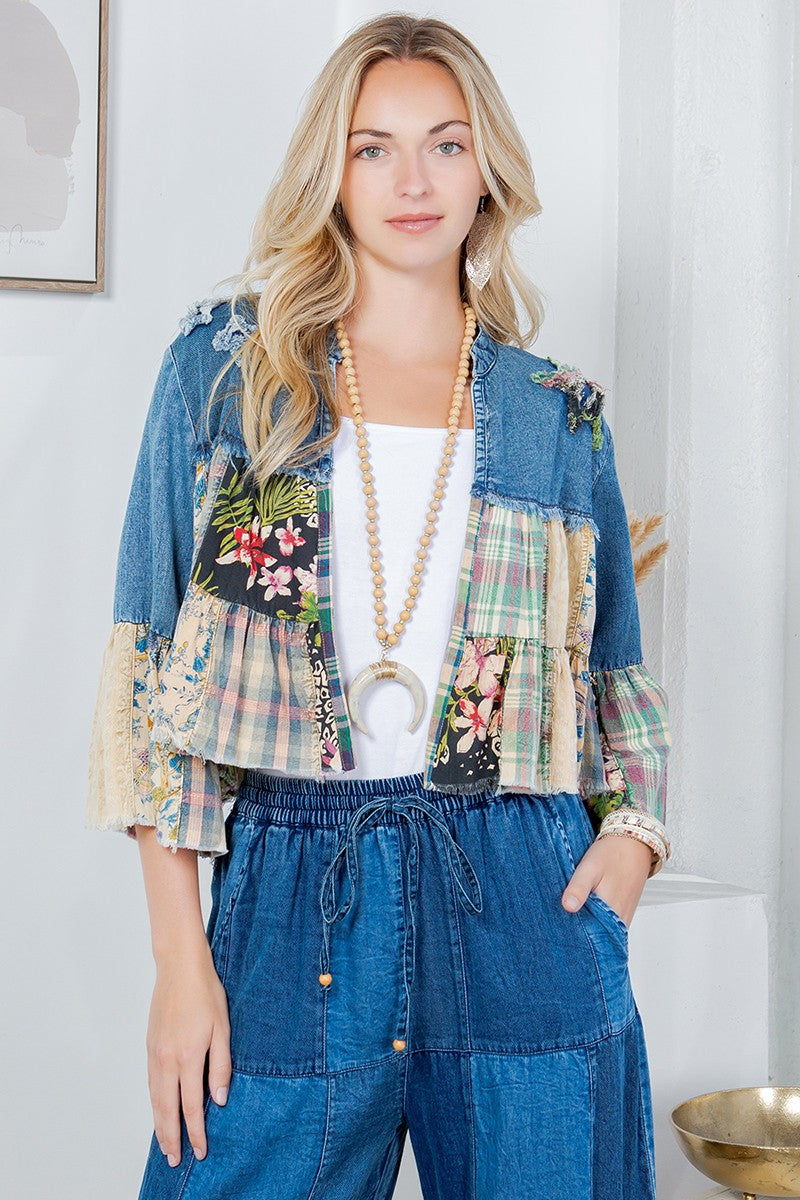 Western Boho Tiered Patch Denim Cropped Shrug - Denim