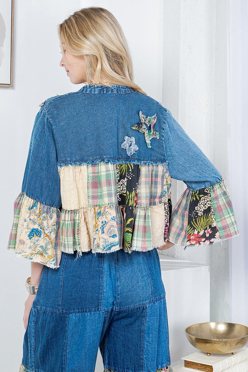 Western Boho Tiered Patch Denim Cropped Shrug - Denim