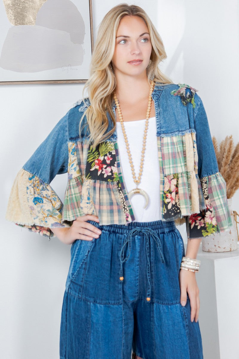 Western Boho Tiered Patch Denim Cropped Shrug - Denim