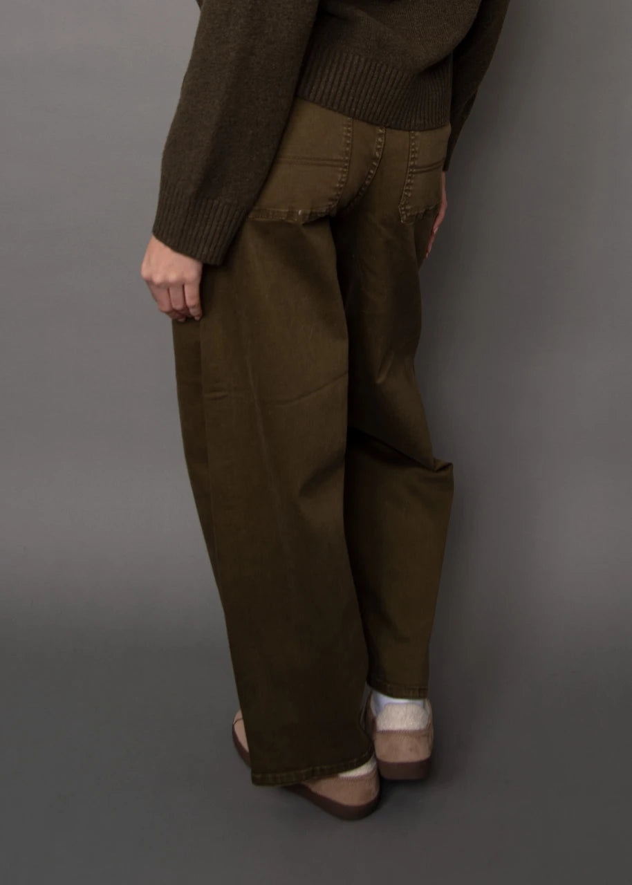 A person shown from the back wearing wide-leg olive brown pants, a dark brown ribbed sweater, and brown shoes against a plain gray studio background.