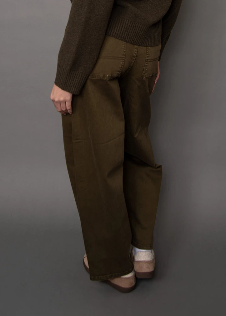 A person shown from the back wearing wide-leg olive brown pants, a dark brown ribbed sweater, and brown shoes against a plain gray studio background.