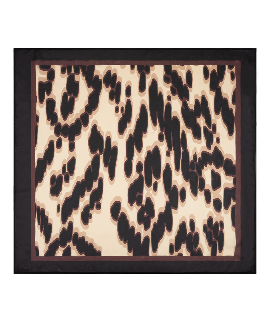 Leopard print pattern on a beige background with a black border