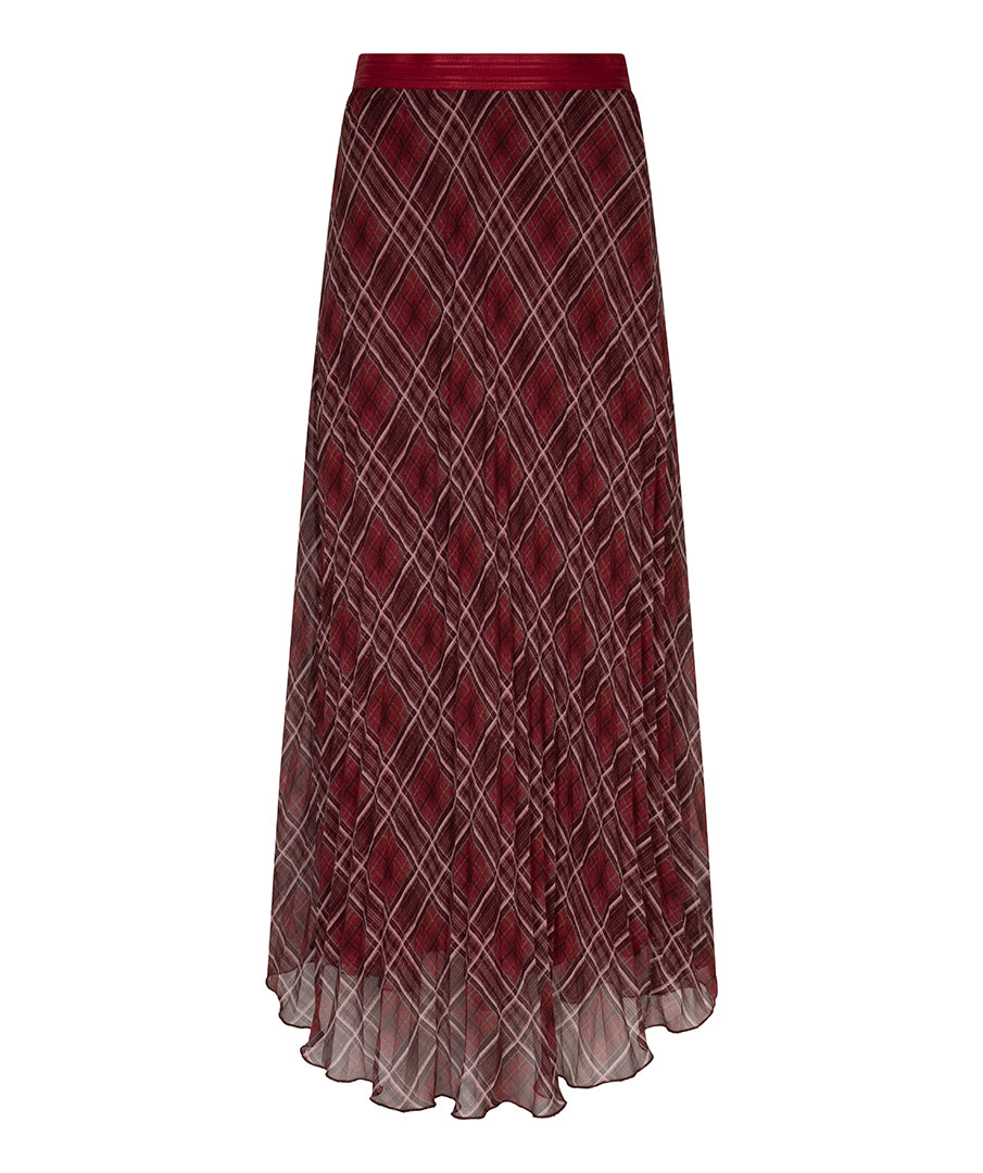 A long pleated midi skirt in a deep burgundy red, featuring a diamond argyle pattern with thin light beige lines and a matching solid red waistband, shown against a plain white background.