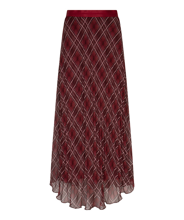 A long pleated midi skirt in a deep burgundy red, featuring a diamond argyle pattern with thin light beige lines and a matching solid red waistband, shown against a plain white background.