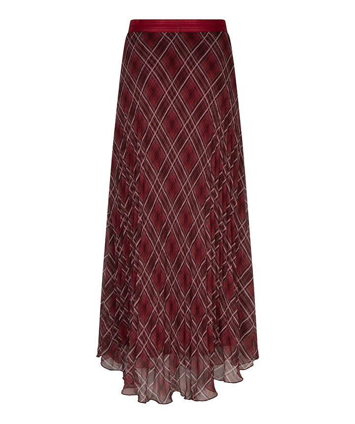 A long pleated midi skirt in burgundy with a white and gray argyle pattern, featuring a solid burgundy waistband.
