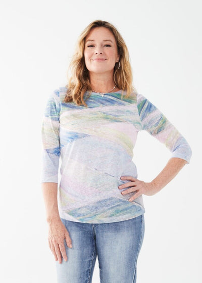3/4 Sleeve Boatneck Abstract Jersey Top - Field