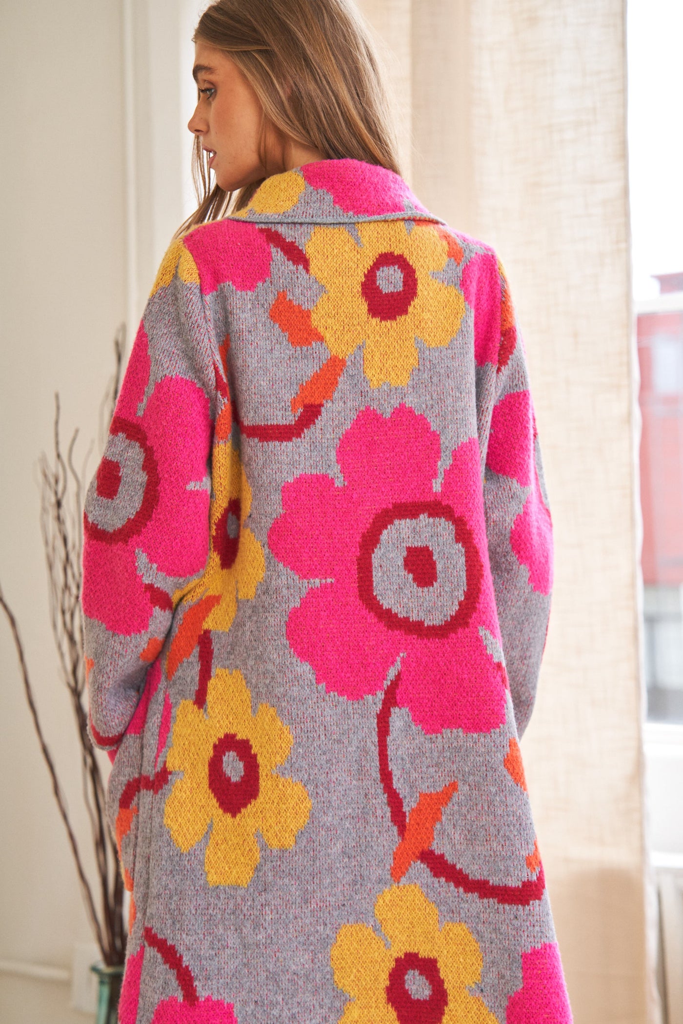 Printed Button Down Cardigan with Front Pockets (Grey Fuchsia)
