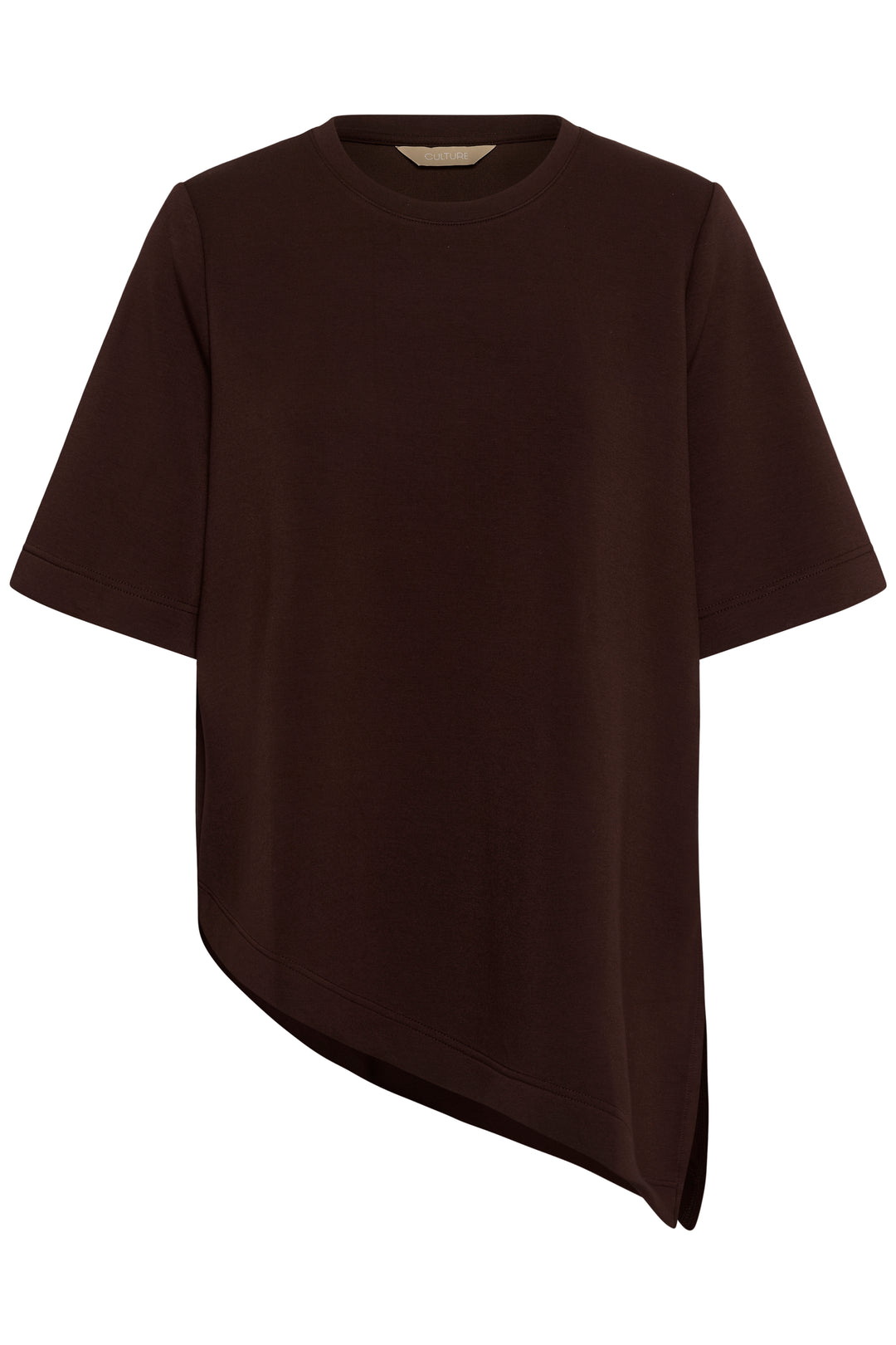 A dark brown short-sleeve t-shirt with an asymmetrical curved hem, displayed against a solid white background.