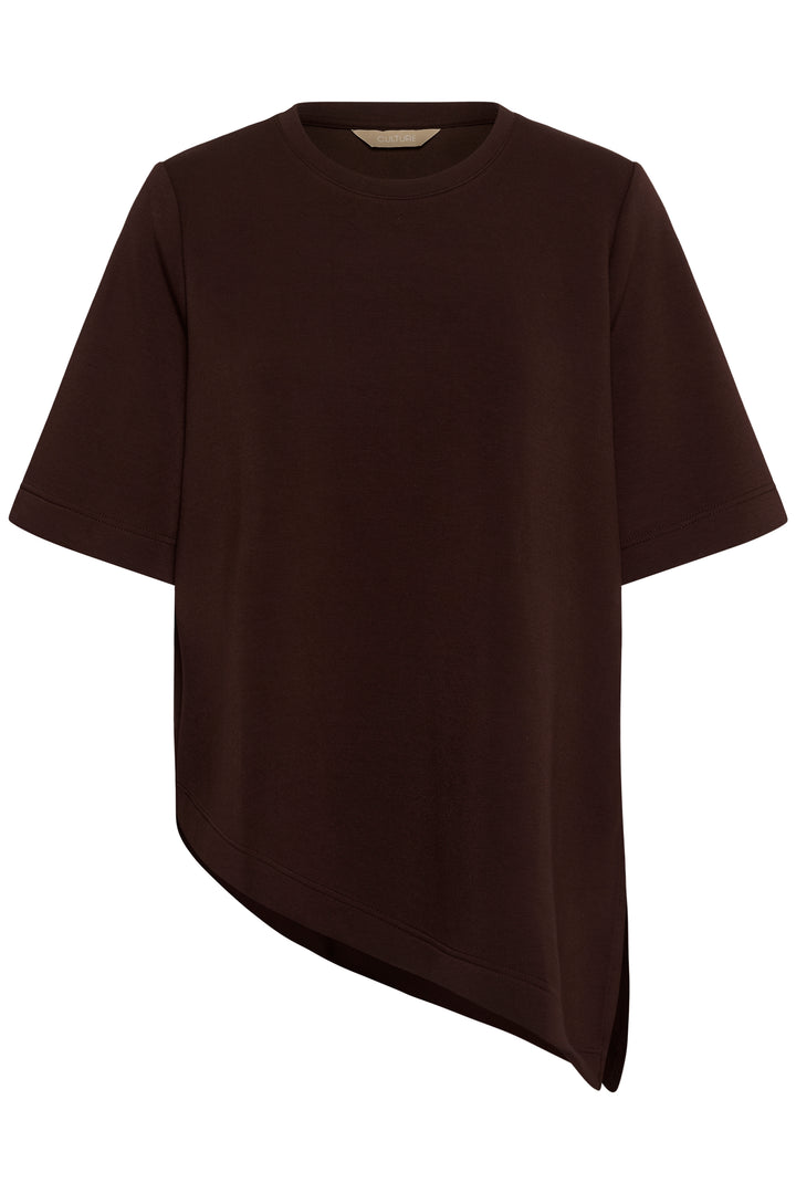 A dark brown short-sleeve t-shirt with an asymmetrical curved hem, displayed against a solid white background.