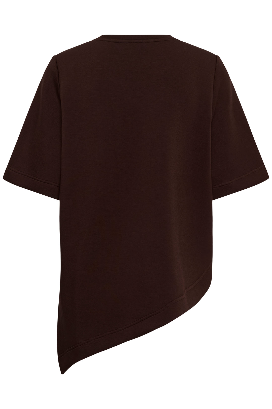A dark brown short-sleeve t-shirt with an asymmetrical curved hem, shown from the back on a plain white background.