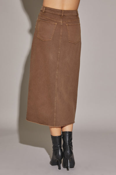 Front Slit Long Denim Skirt - Dark Oak