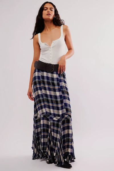 Bordeaux Plaid Maxi Skirt - Navy Combo