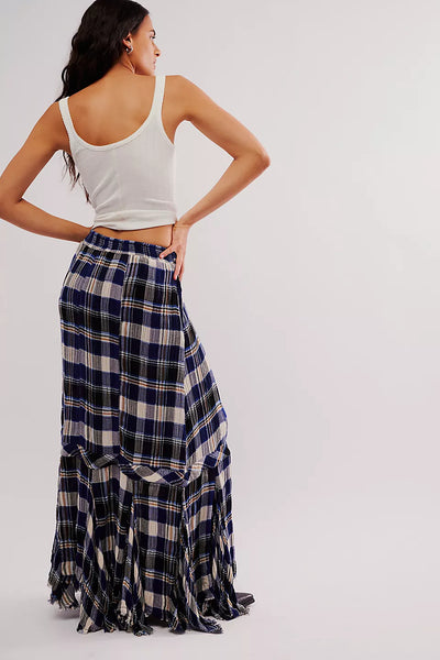 Bordeaux Plaid Maxi Skirt - Navy Combo