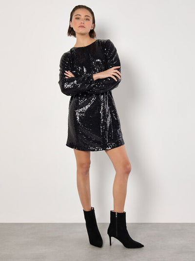 Sequin Puff Sleeve Tie Shift Dress - Black