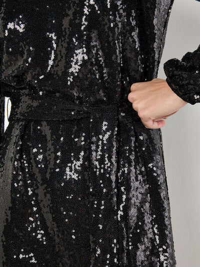 Sequin Puff Sleeve Tie Shift Dress - Black