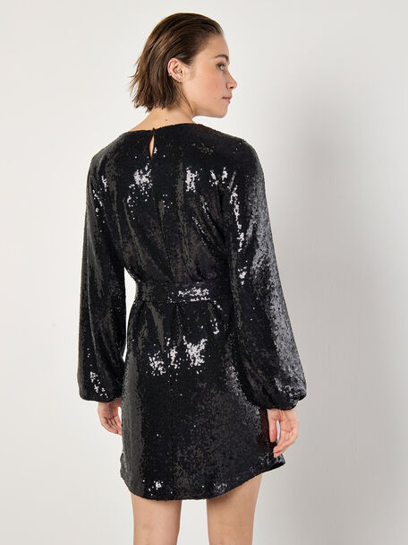 Sequin Puff Sleeve Tie Shift Dress - Black