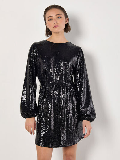 Sequin Puff Sleeve Tie Shift Dress - Black