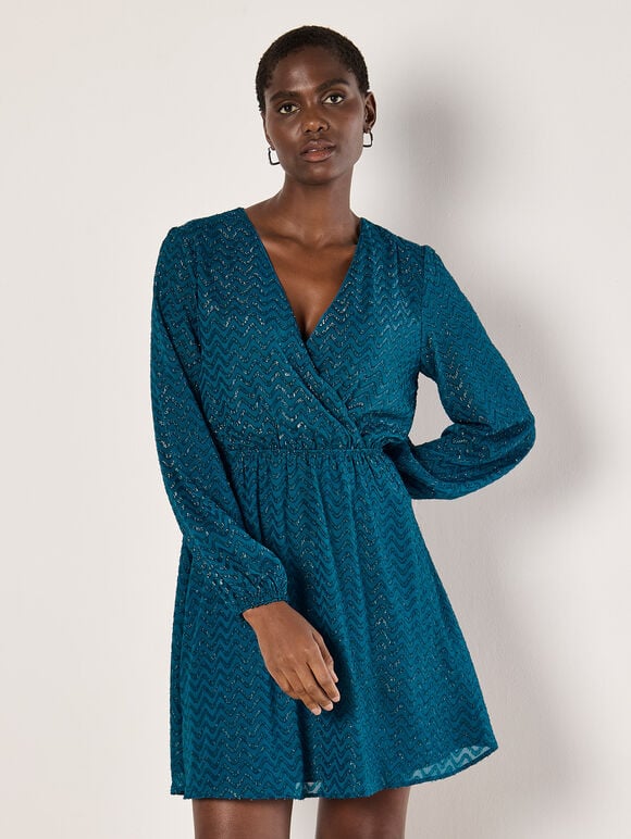 Chevron Jacquard Wrap Dress - Teal