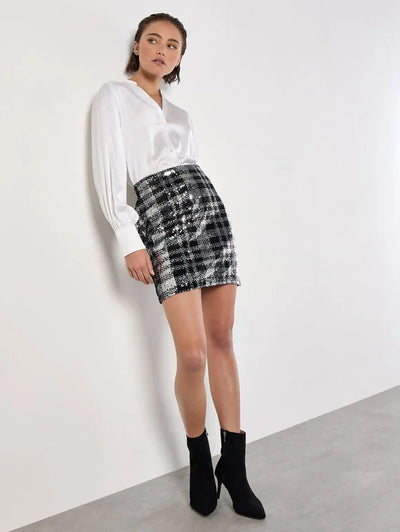 Check Sequin Skirt - Black