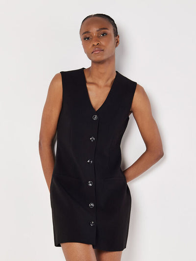 Sleeveless Button Up Vest Dress - Black