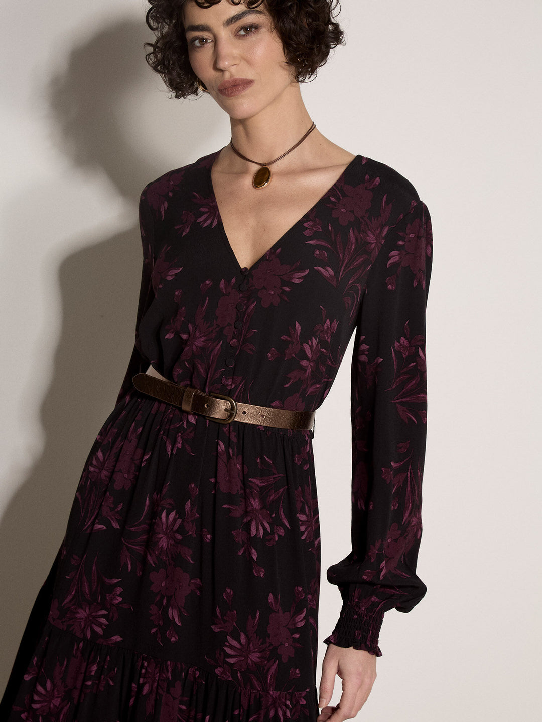 Button Down Ruffle Dress - Burgundy