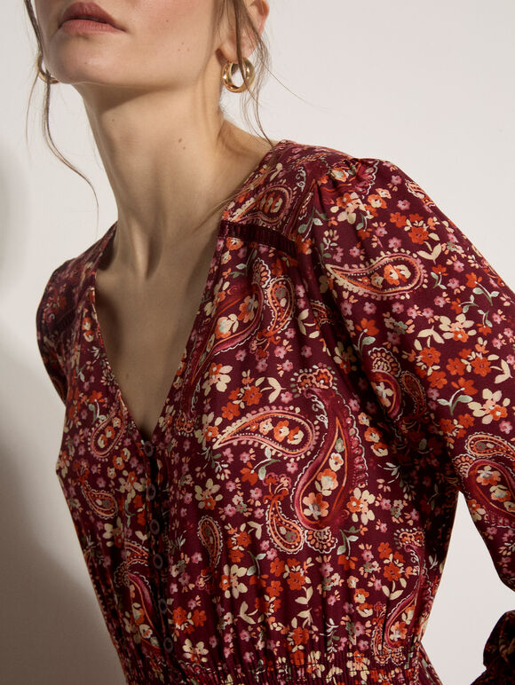 Painterly Paisley Crochet Insert Maxi Dress - Burgundy