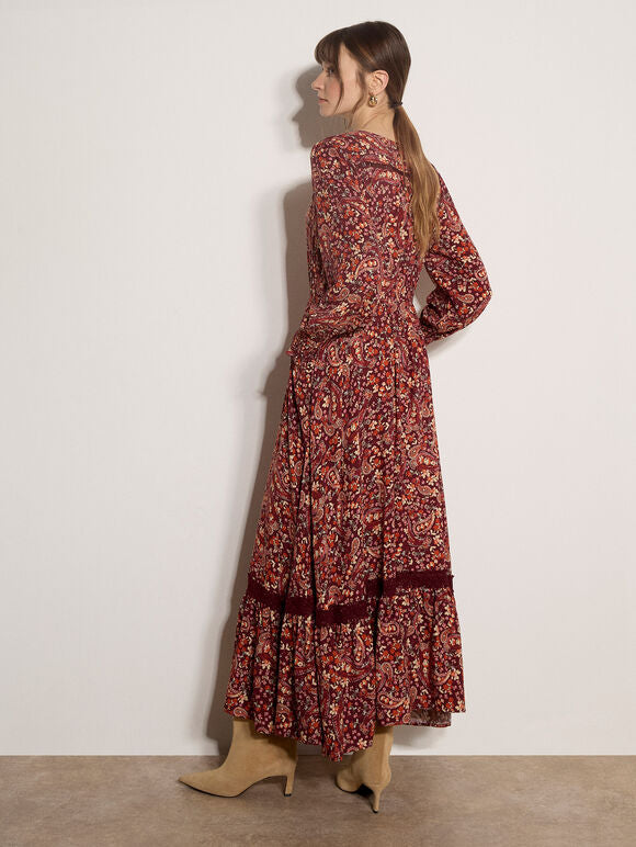 Painterly Paisley Crochet Insert Maxi Dress - Burgundy