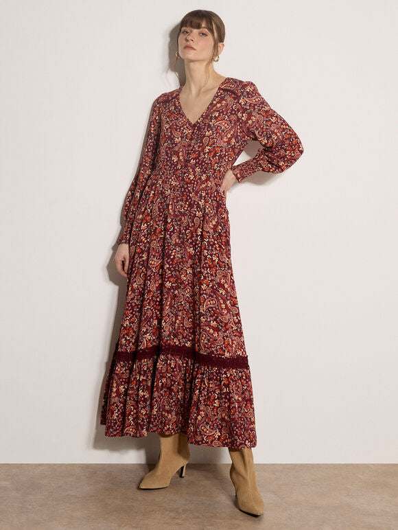 Painterly Paisley Crochet Insert Maxi Dress - Burgundy