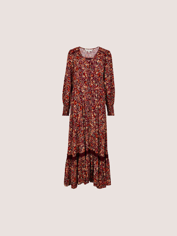 Painterly Paisley Crochet Insert Maxi Dress - Burgundy