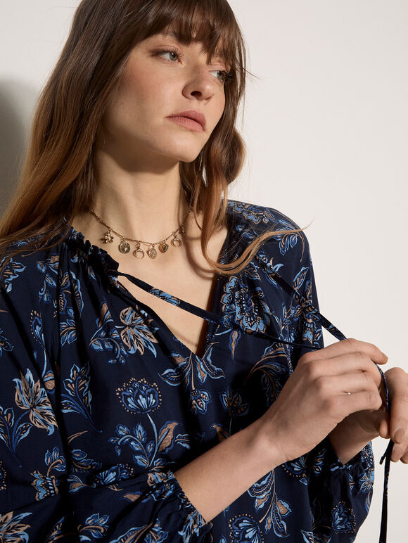 Painterly Sarasa Ruffle Blouse - Navy