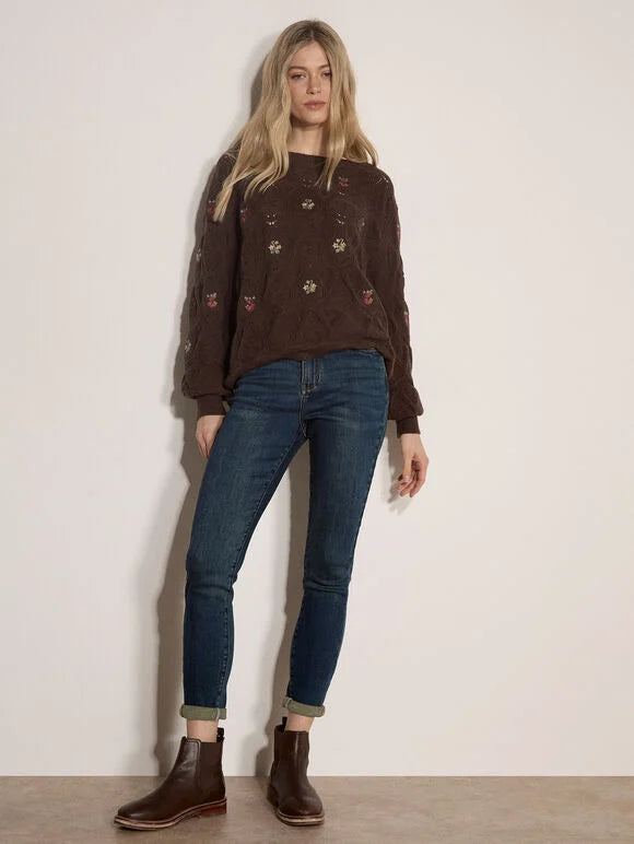 Embroidered Flowers Pointelle Sweater - Brown