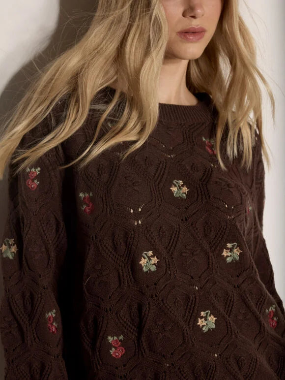 Embroidered Flowers Pointelle Sweater - Brown