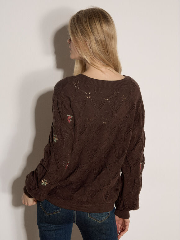 Embroidered Flowers Pointelle Sweater - Brown