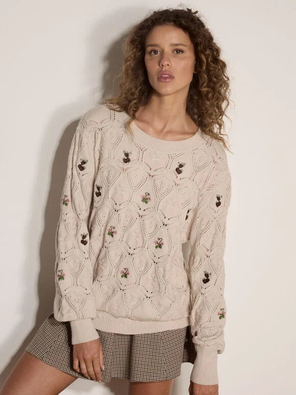 Embroidered Flowers Pointelle Sweater - Stone
