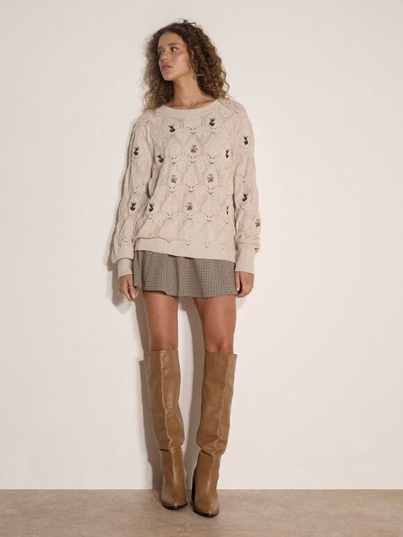 Embroidered Flowers Pointelle Sweater - Stone