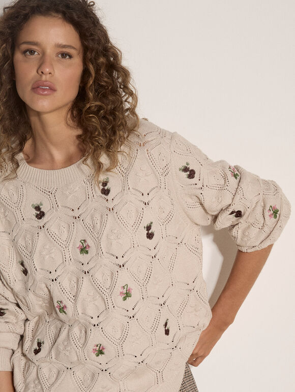 Embroidered Flowers Pointelle Sweater - Stone