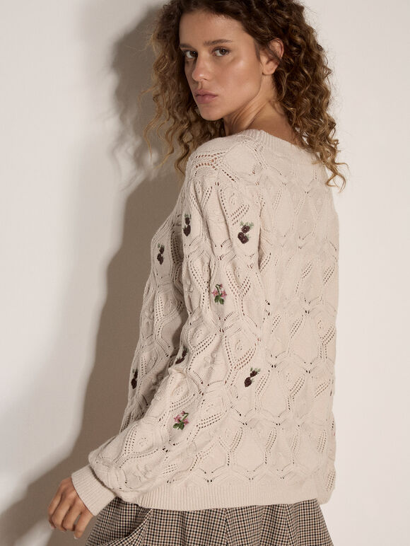 Embroidered Flowers Pointelle Sweater - Stone
