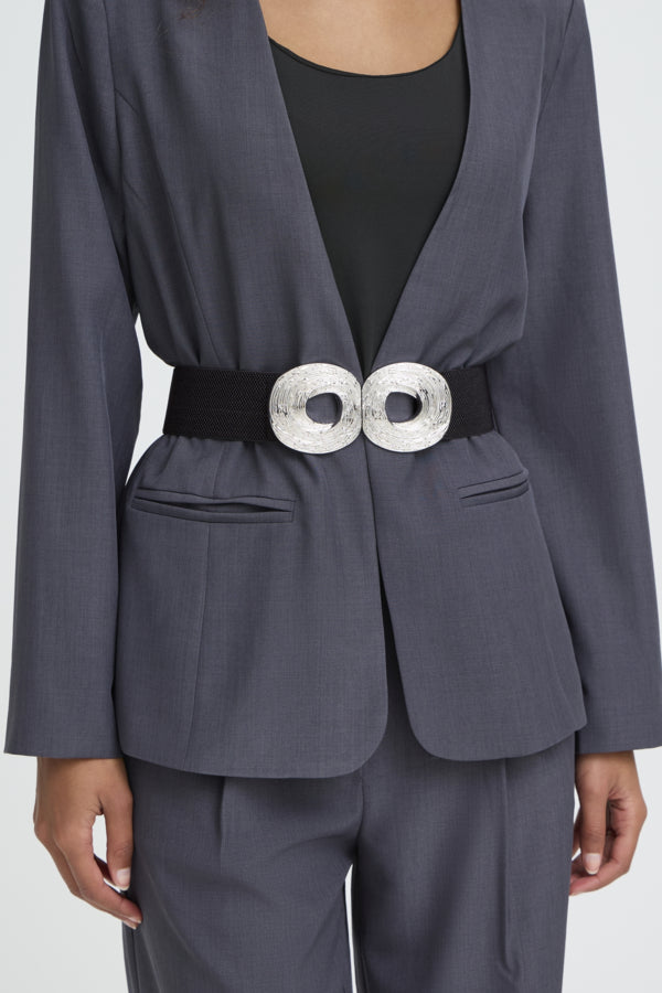 Gray suit jacket with a belt and silver buttons on a white background